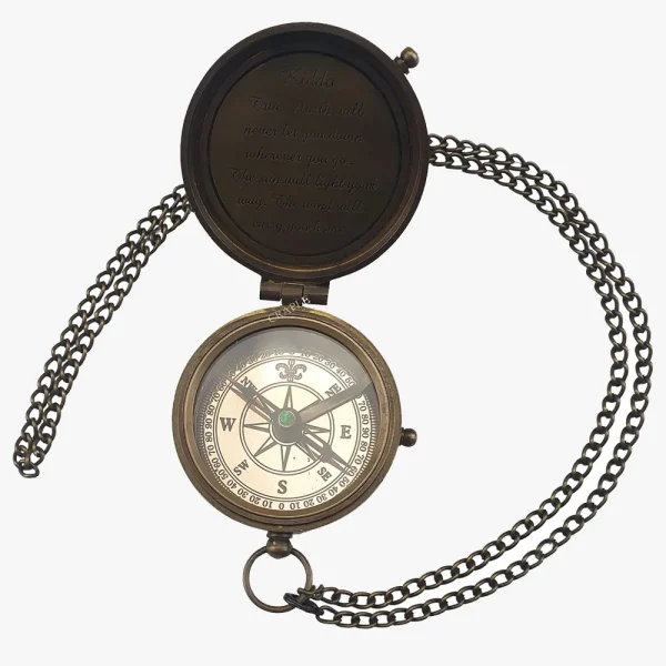 Antique Brass Pocket Compass Custom Engravable | Personalized Text/Photo Interior, Chain | Keepsake & Adventure Gift - Image 1