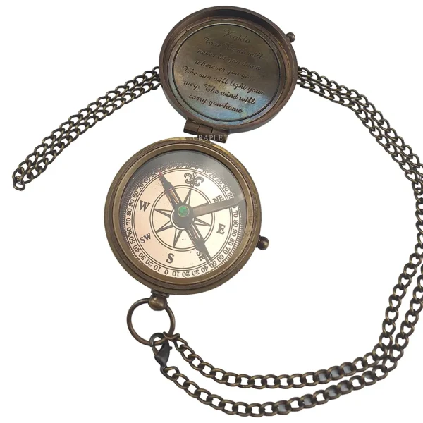 Antique Brass Pocket Compass Custom Engravable | Personalized Text/Photo Interior, Chain | Keepsake & Adventure Gift - Image 6