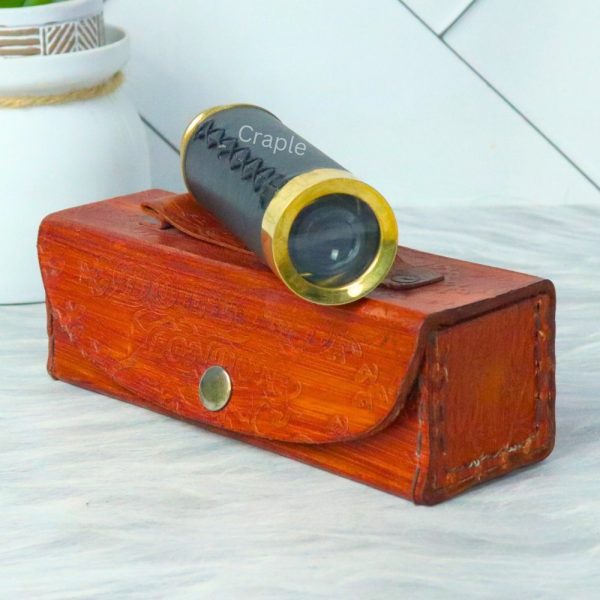 10.6" Leather Wrapped Nautical Telescope | Shiny Brass, Compact 3-Pipe Extendable | Decor Gift with Case - Image 6