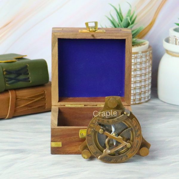 Adjustable Antique Brass Sundial Compass | Needle Stop, West London Style | Engravable Wooden Box, Desk Decor & Collector's Gift - Image 7