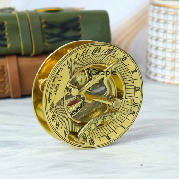 F.L. West London Sundial Compass | Shiny Brass, Water Level, Needle Stop | Hexagonal Wooden Box, Desk Decor Gift - Image 3