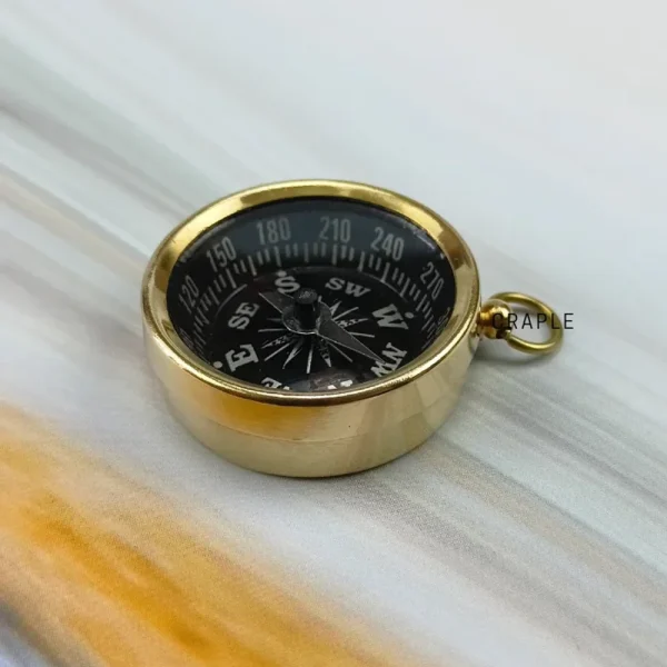 Miniature Shiny Brass Compass | Black Dial, Includes Chain, Handcrafted | Compact Navigational Charm & Pocket Gift - Image 2