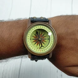Antique Brass Wrist Compass | Engraved Ship, Leather Strap, Vintage Nautical Style | Wearable Explorer Gift - Image 2