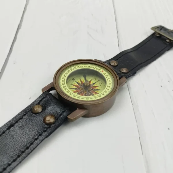 Antique Brass Wrist Compass | Engraved Ship, Leather Strap, Vintage Nautical Style | Wearable Explorer Gift - Image 4