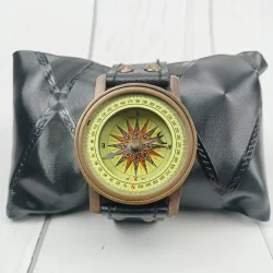 Antique Brass Wrist Compass | Engraved Ship, Leather Strap, Vintage Nautical Style | Wearable Explorer Gift - Image 3