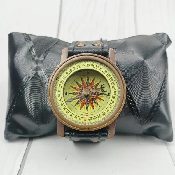 Antique Brass Wrist Compass | Engraved Ship, Leather Strap, Vintage Nautical Style | Wearable Explorer Gift - Image 3
