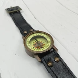 Antique Brass Wrist Compass | Engraved Ship, Leather Strap, Vintage Nautical Style | Wearable Explorer Gift - Image 6