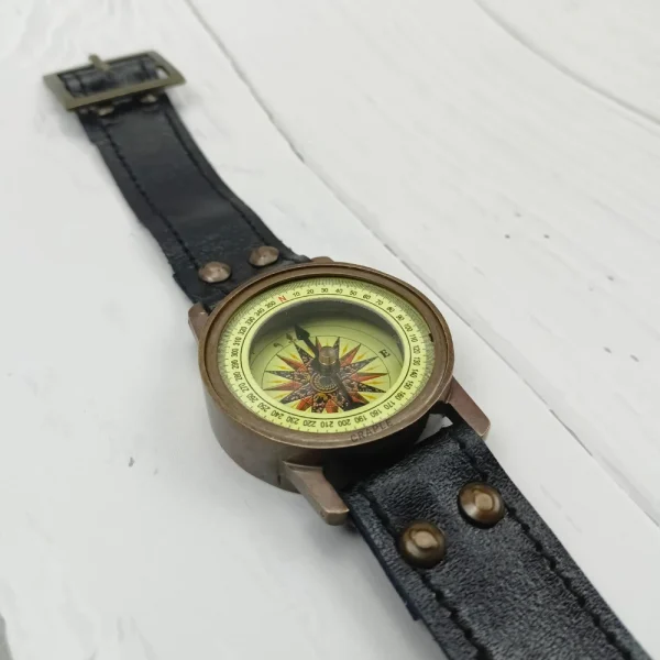 Antique Brass Wrist Compass | Engraved Ship, Leather Strap, Vintage Nautical Style | Wearable Explorer Gift - Image 6