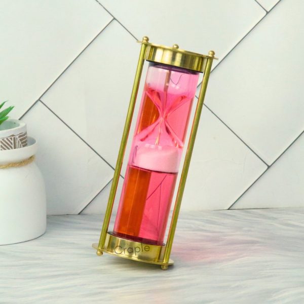 Pink Liquid Floating Hourglass | Shiny Brass, 1-Min White Sand Timer | Mesmerizing Desk Decor & Unique Gift - Image 2
