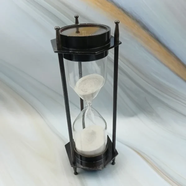 Hexagonal Dual Compass 3-Minute Sand Timer | Black Antique Brass, White Sand, Vintage Style | Desk Focus Aid & Unique Gift - Image 3