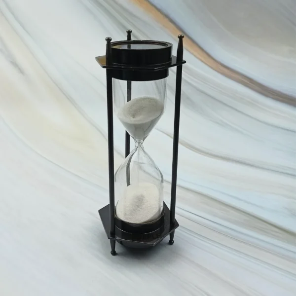 Hexagonal Dual Compass 3-Minute Sand Timer | Black Antique Brass, White Sand, Vintage Style | Desk Focus Aid & Unique Gift - Image 2