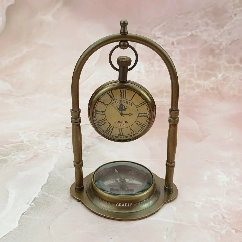 Victoria London Brass Clock with Built-in Compass
