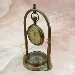Antique Brass Hanging Clock with Base Compass | Victoria London 1918 Style | Vintage Desk Decor & Nautical Gift - Image 2