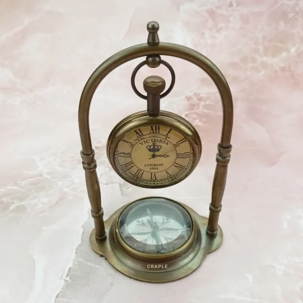 Antique Brass Hanging Clock with Base Compass | Victoria London 1918 Style | Vintage Desk Decor & Nautical Gift - Image 3