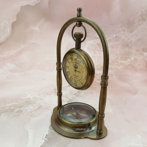 Antique Brass Hanging Clock with Base Compass | Victoria London 1918 Style | Vintage Desk Decor & Nautical Gift - Image 4
