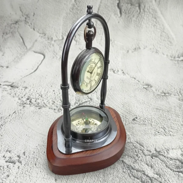 Black Brass Desk Clock Base Compass | Victoria London 1876 Style | Vintage Desk Decor & Nautical Gift - Image 2