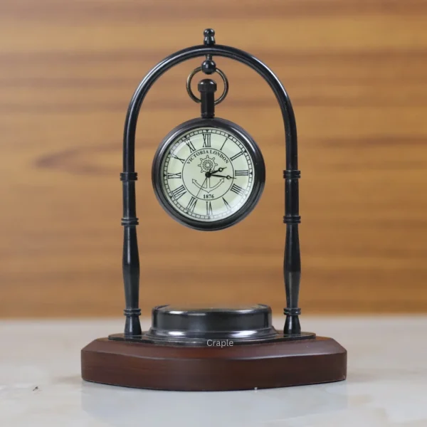 Black Brass Desk Clock Base Compass | Victoria London 1876 Style | Vintage Desk Decor & Nautical Gift - Image 1
