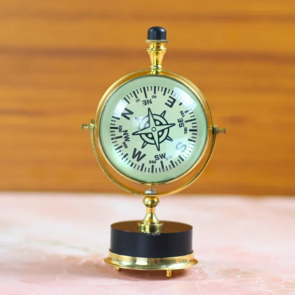 Double-Sided Shiny Brass Tabletop Clock & Compass | Tilting Design, Wood Base | Nautical Desk Decor & Gift - Image 2