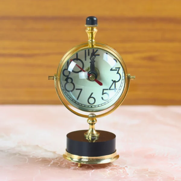 Double-Sided Shiny Brass Tabletop Clock & Compass | Tilting Design, Wood Base | Nautical Desk Decor & Gift - Image 1