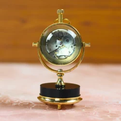 Tilting Orb Shiny Brass Desk Clock | Visible Mechanism Back, Wood Base | Elegant Tabletop Decor & Unique Gift - Image 2