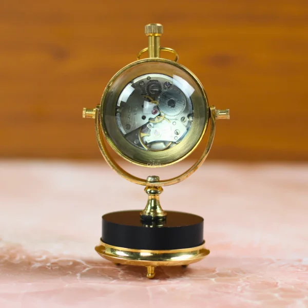 Tilting Orb Shiny Brass Desk Clock | Visible Mechanism Back, Wood Base | Elegant Tabletop Decor & Unique Gift - Image 2