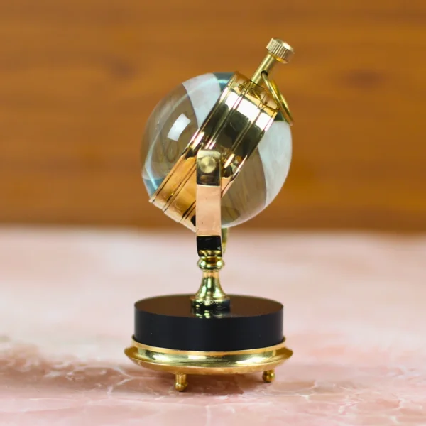 Tilting Orb Shiny Brass Desk Clock | Visible Mechanism Back, Wood Base | Elegant Tabletop Decor & Unique Gift - Image 3