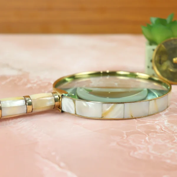 Mother of Pearl Magnifier | Shiny Brass, 5X Power, Luxurious Design | Elegant Reading Aid & Desk Gift - Image 3