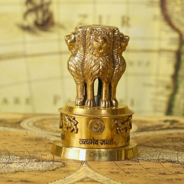 Brass Ashoka Lion Pillar Sculpture | National Emblem of India Replica | Detailed Base, Satyameva Jayate | Patriotic Desk Decor & Gift - Image 1