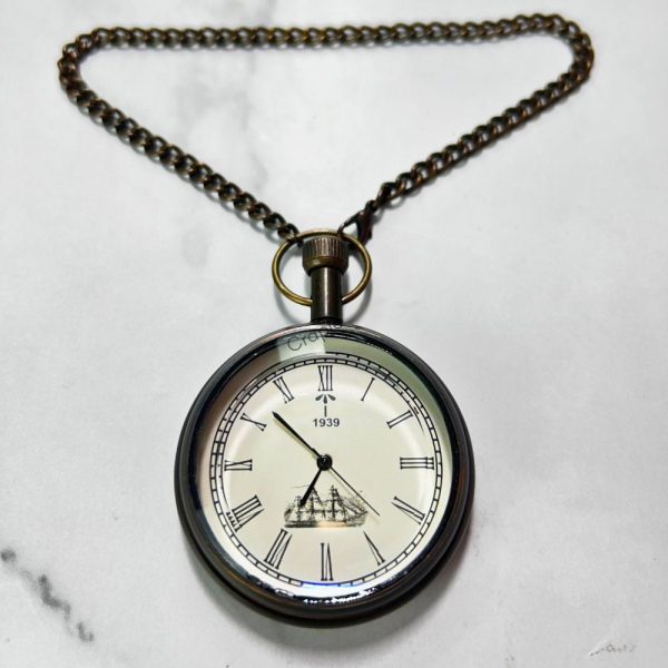1939 Brass Pocket Watch | Miyota Movement, Nautical Ship Dial, Chain | Vintage Inspired Timepiece Gift - Image 5