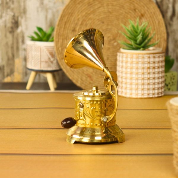 Handmade Brass Decorative Gramophone | Shiny Finish, Embossed Base | Vintage Style Decor & Music Lover Gift - Image 4