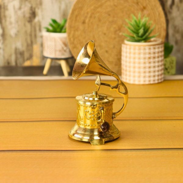 Handmade Brass Decorative Gramophone | Shiny Finish, Embossed Base | Vintage Style Decor & Music Lover Gift - Image 3