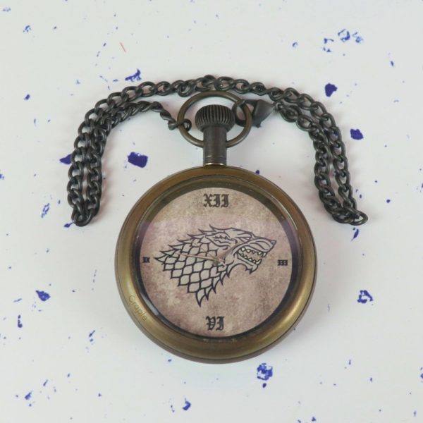 Direwolf Sigil Antique Brass Pocket Watch | Handcrafted, Miyota Movement, Roman Numerals & Chain | Fantasy Inspired Timepiece Gift - Image 2