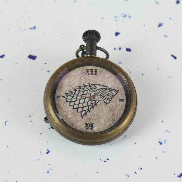 Direwolf Sigil Antique Brass Pocket Watch | Handcrafted, Miyota Movement, Roman Numerals & Chain | Fantasy Inspired Timepiece Gift - Image 3