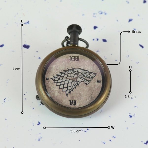 Direwolf Sigil Antique Brass Pocket Watch | Handcrafted, Miyota Movement, Roman Numerals & Chain | Fantasy Inspired Timepiece Gift - Image 5