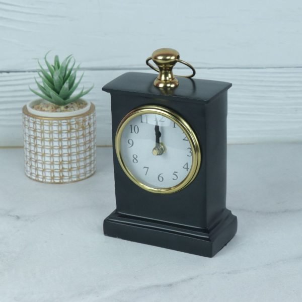 Black Pottery Coated Aluminium Desk Clock | Brass Accents, Classic Style | Handmade Tabletop Decor Gift - Image 1