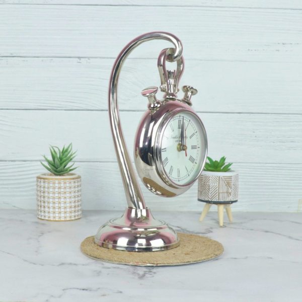 Hanging Stopwatch Style Nickel Aluminium Desk Clock | Handcrafted, Roman Numerals | Franklin & Murphy Inspired Decor - Image 2