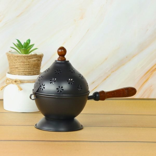 Black Iron Loban Dani Incense Burner | Wooden Handle, Cutout Lid | Home Fragrance & Ritual Use - Image 3