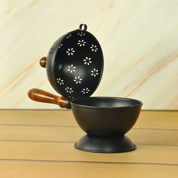 Black Iron Loban Dani Incense Burner | Wooden Handle, Cutout Lid | Home Fragrance & Ritual Use - Image 2