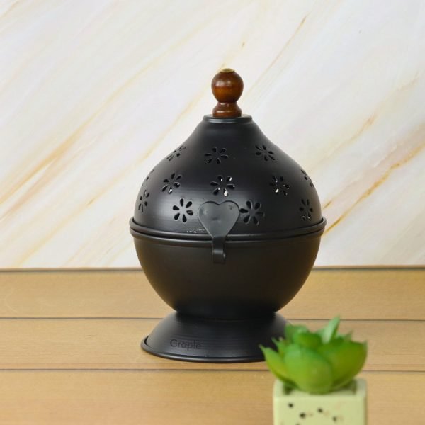 Black Iron Loban Dani Incense Burner | Wooden Handle, Cutout Lid | Home Fragrance & Ritual Use - Image 4
