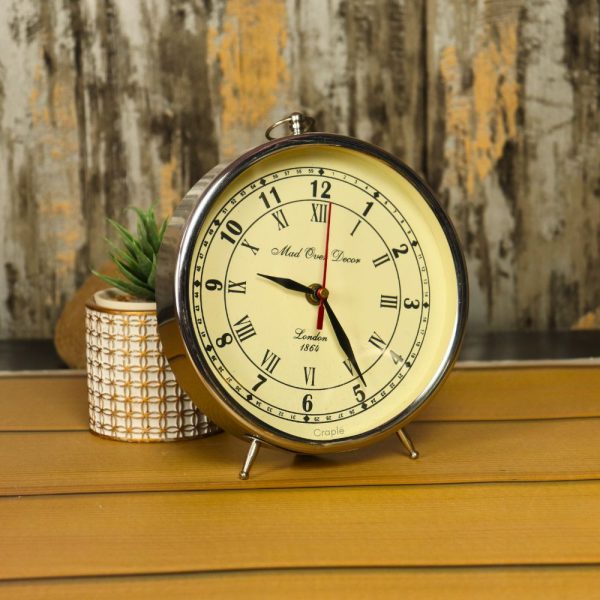 Dual Numeral Nickel Aluminium Desk Clock | Mad Over Decor London Style, Vintage Shape | Handcrafted Tabletop Decor - Image 3