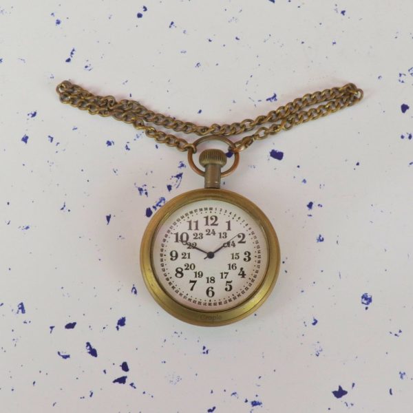 24 Hour Dial Pocket Watch | Shiny Brass, Handcrafted, Miyota Movement & Chain | Military Style Timepiece Gift - Image 4