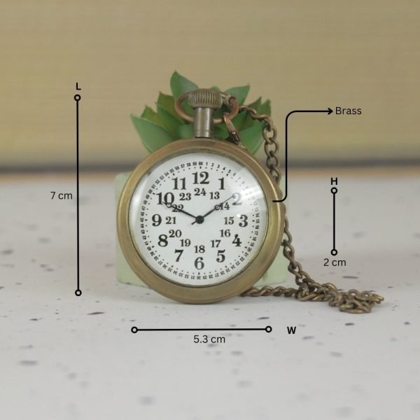 24 Hour Dial Pocket Watch | Shiny Brass, Handcrafted, Miyota Movement & Chain | Military Style Timepiece Gift - Image 6
