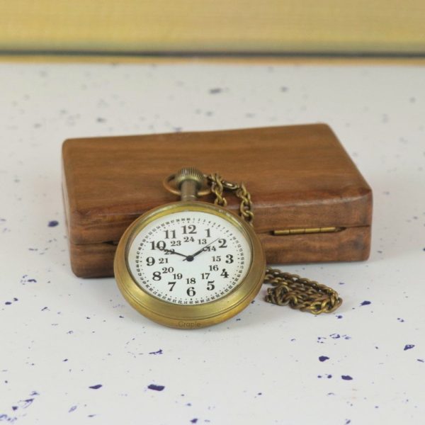 24 Hour Dial Pocket Watch | Shiny Brass, Handcrafted, Miyota Movement & Chain | Military Style Timepiece Gift - Image 2