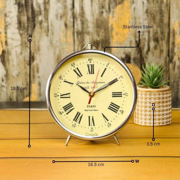 Nickel Finish Aluminium Desk Clock | Handcrafted, Vintage Alarm Style, Roman Numerals | Paris Inspired Tabletop Decor - Image 5