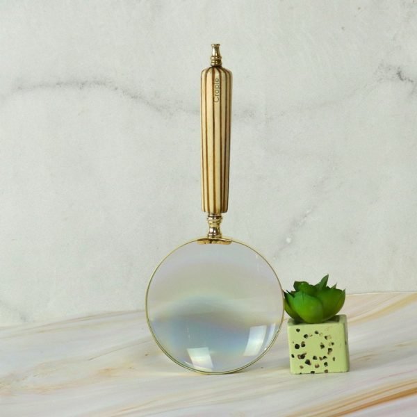 Fluted Striped Handle Magnifier | Shiny Brass, Clear Lens | Elegant Reading Aid & Desk Decor - Image 4