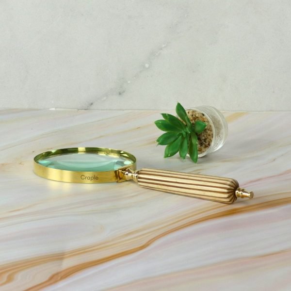 Fluted Striped Handle Magnifier | Shiny Brass, Clear Lens | Elegant Reading Aid & Desk Decor - Image 2