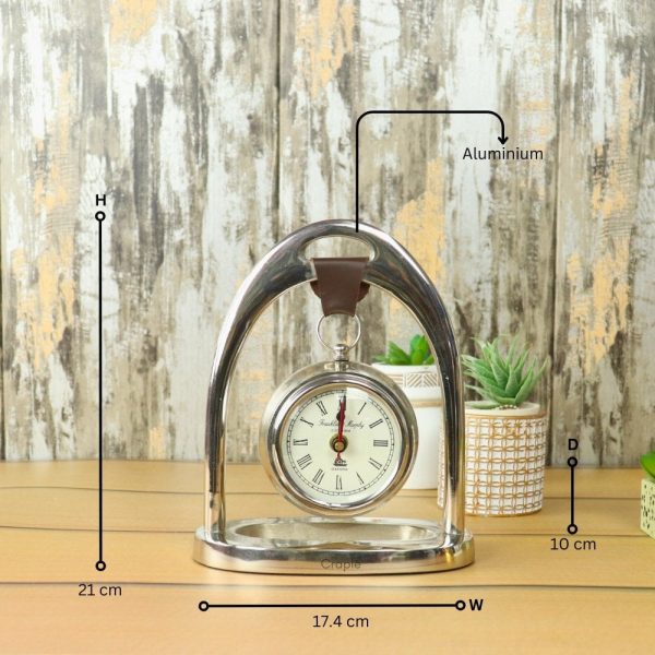 Hanging Silver Aluminium Desk Clock | Arch Frame, Leather Strap Detail | Modern Tabletop Decor & Gift - Image 5