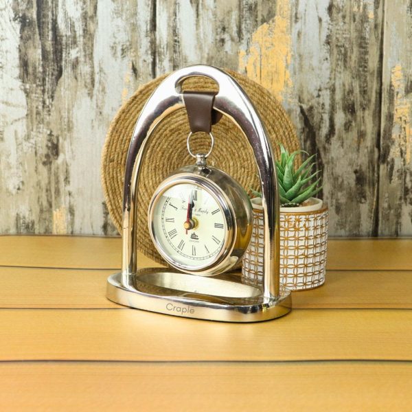 Hanging Silver Aluminium Desk Clock | Arch Frame, Leather Strap Detail | Modern Tabletop Decor & Gift - Image 4