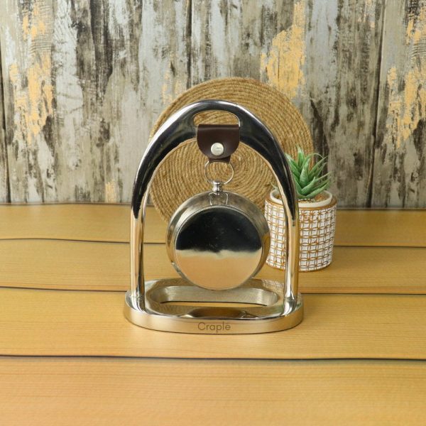 Hanging Silver Aluminium Desk Clock | Arch Frame, Leather Strap Detail | Modern Tabletop Decor & Gift - Image 3