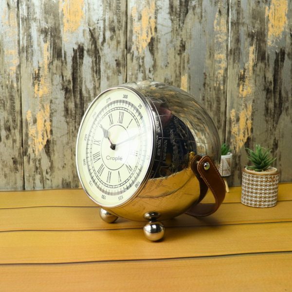 Globe-Shaped Nickel Steel Table Clock | Etched Map Detail, Leather Handle | Worldly Desk Decor & Unique Gift - Image 3